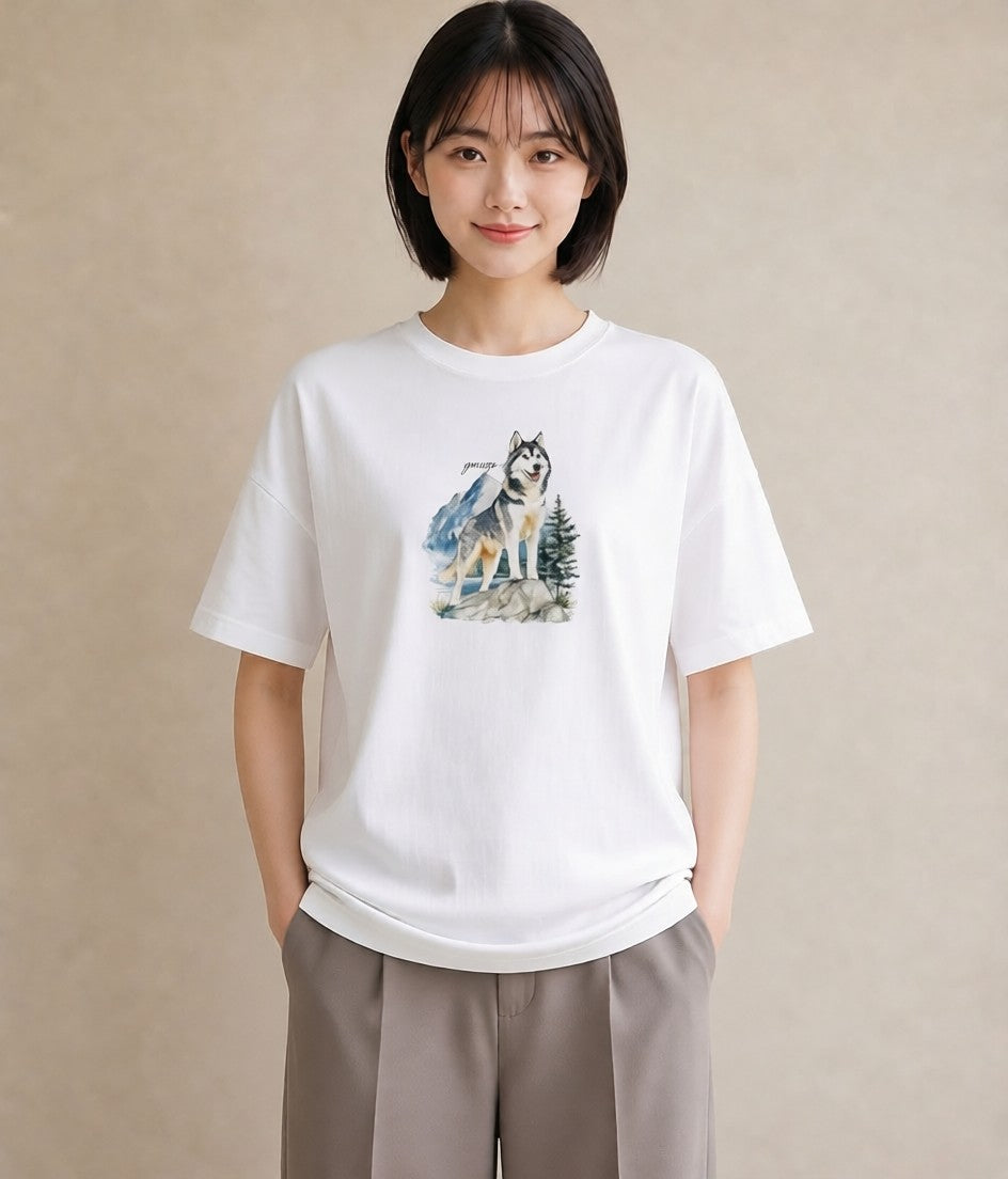 グラフィックTシャツ レディース シベリアンハスキー 犬 いぬ イラスト 線画 女性向けギフト 散歩 白T