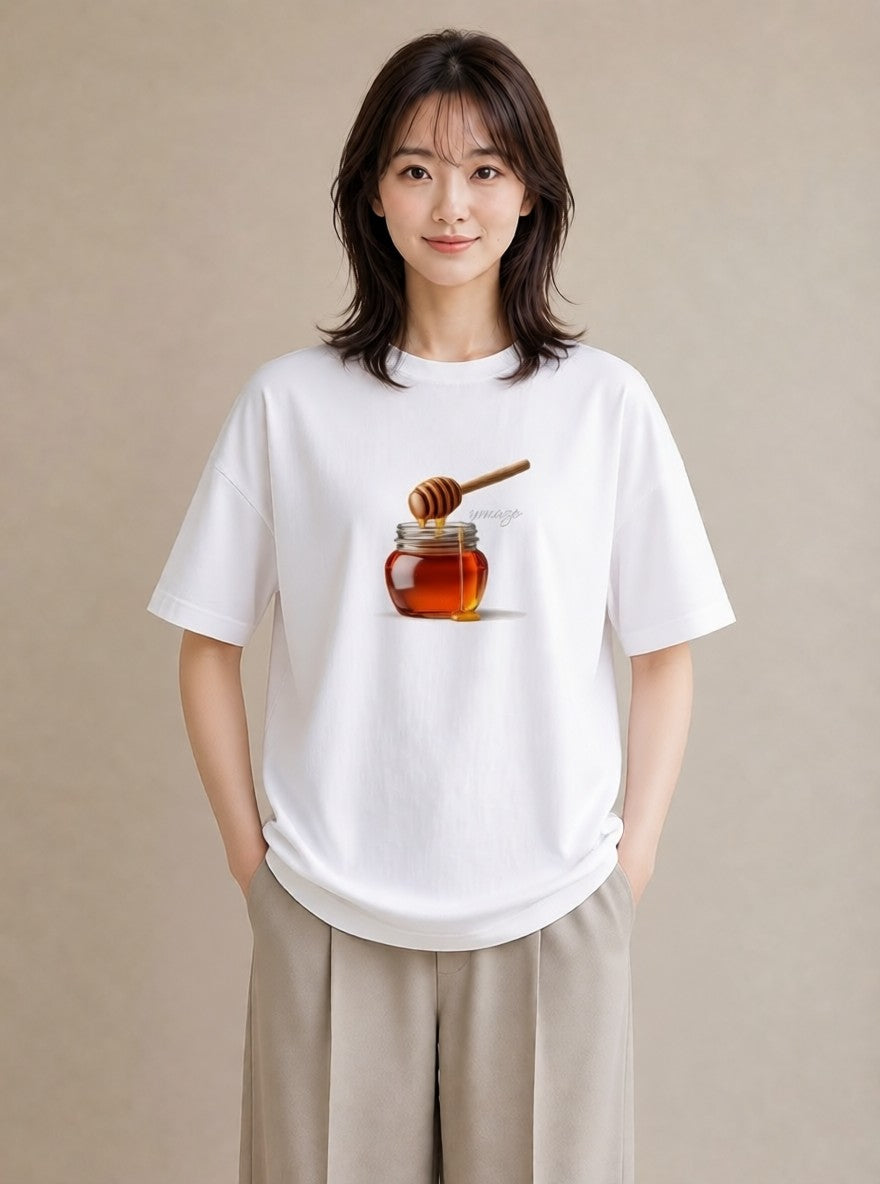 プリントTシャツ レディース はちみつ 食べ物 フード イラスト ユニーク 在宅 公園 白T