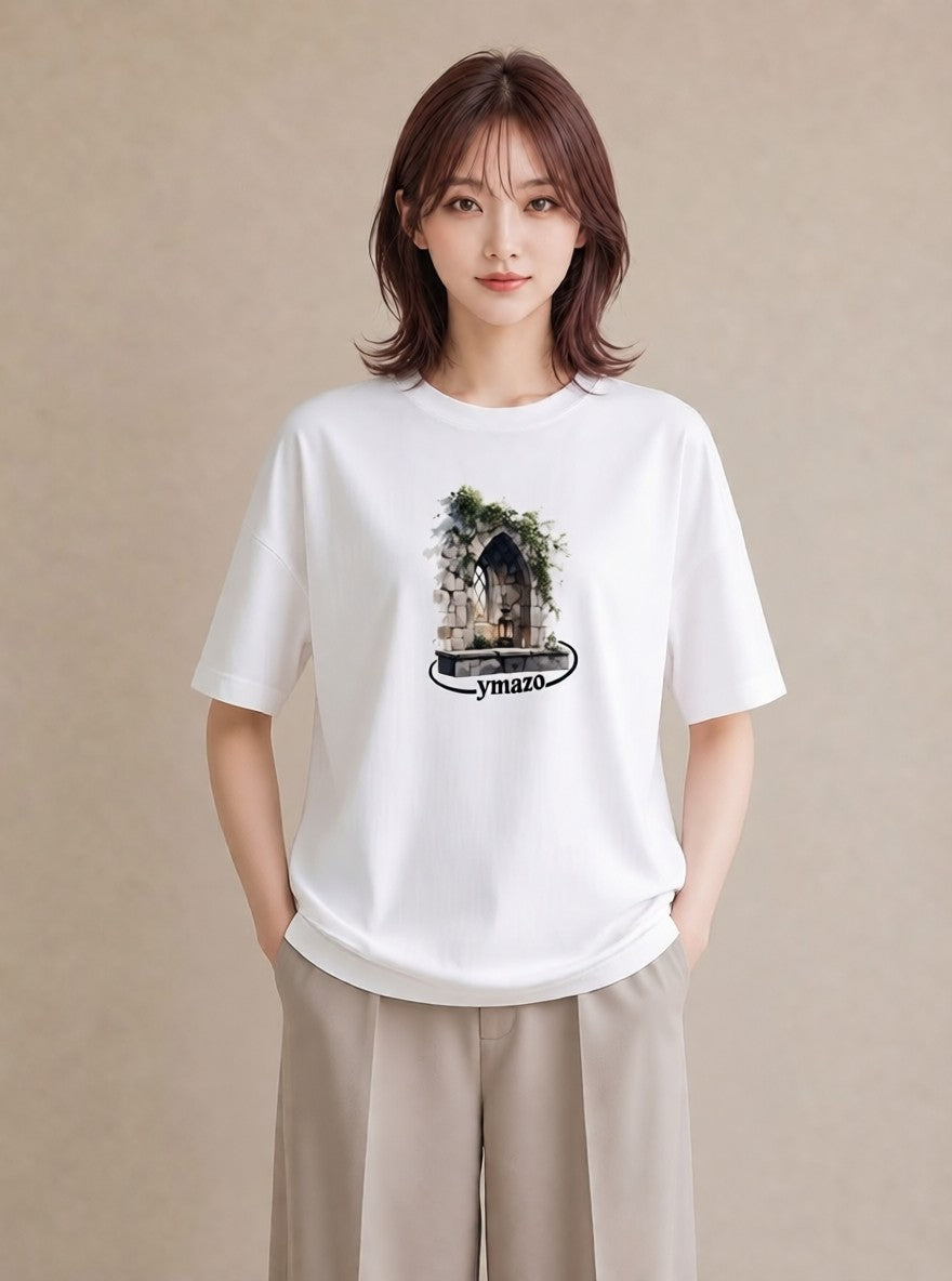 プリントTシャツ レディース 夕暮れ バルコニー 夕焼け ナチュラル アンティーク イラスト お揃い 親子 白T