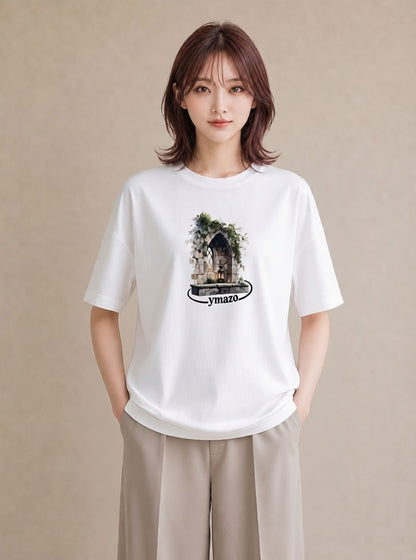 プリントTシャツ レディース 夕暮れ バルコニー 夕焼け ナチュラル アンティーク イラスト お揃い 親子 白T