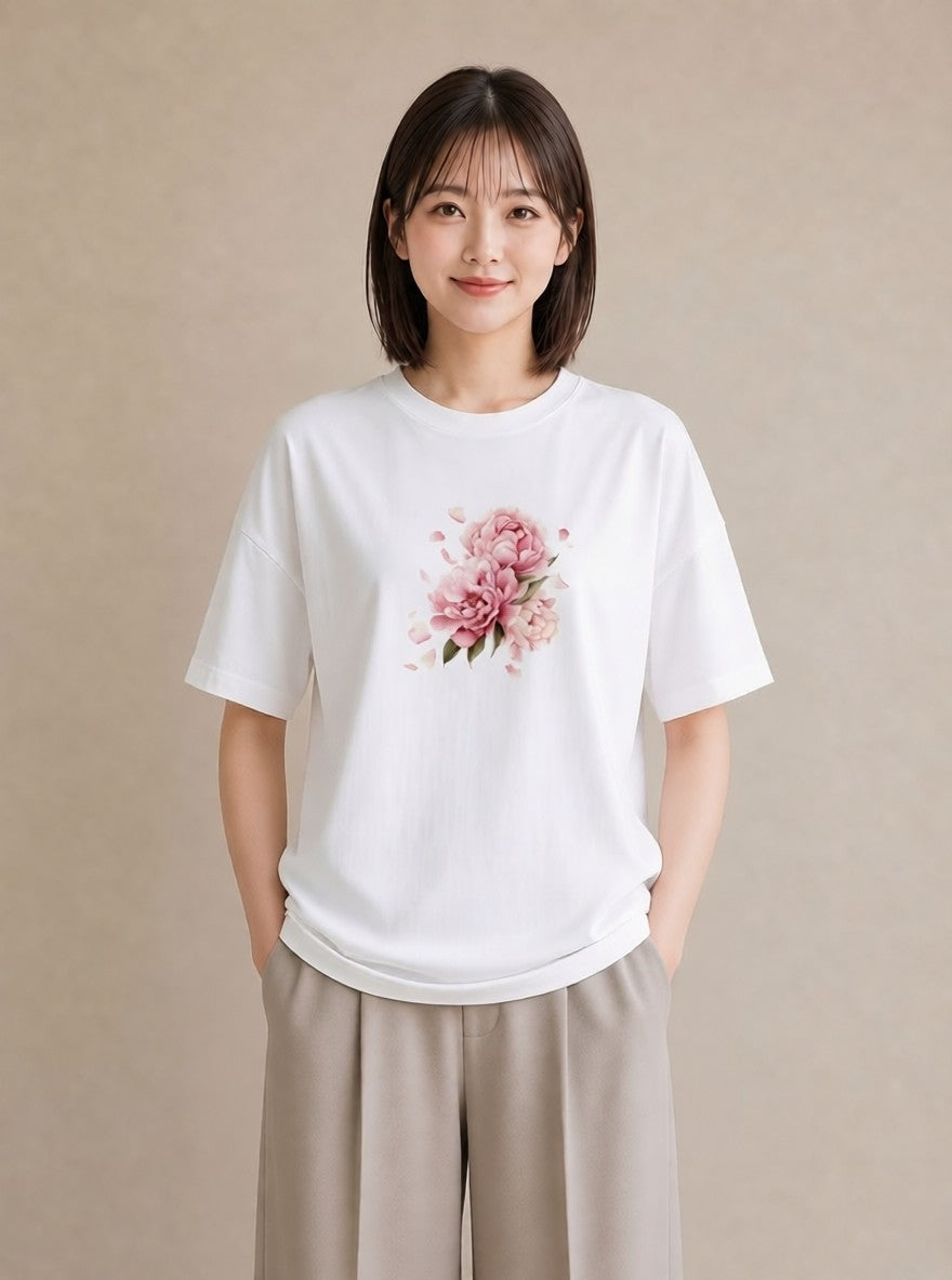 グラフィックTシャツ レディース 椿 花 花柄 イラスト 休日コーデ 送別ギフト 通勤 白T