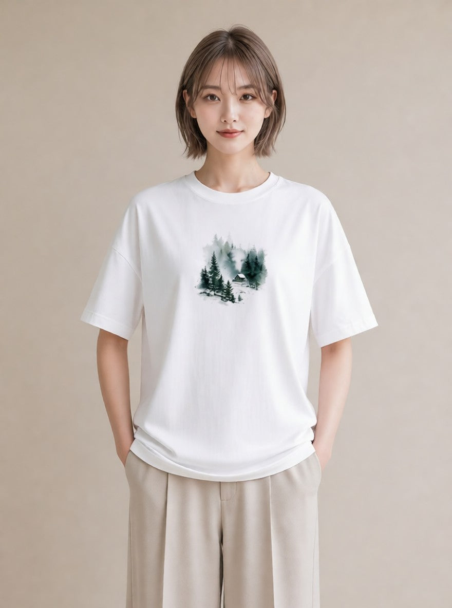 プリントTシャツ レディース 湖畔の小屋 湖 小屋 ナチュラル アンティーク イラスト 休日コーデ 誕生日プレゼント 綿100 白T
