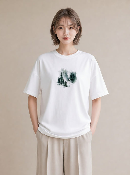 プリントTシャツ レディース 湖畔の小屋 湖 小屋 ナチュラル アンティーク イラスト 休日コーデ 誕生日プレゼント 綿100 白T