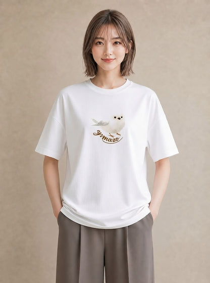 プリントTシャツ レディース シロフクロウ 動物 アニマル イラスト 韓国風 ホワイトデー 春服 白T