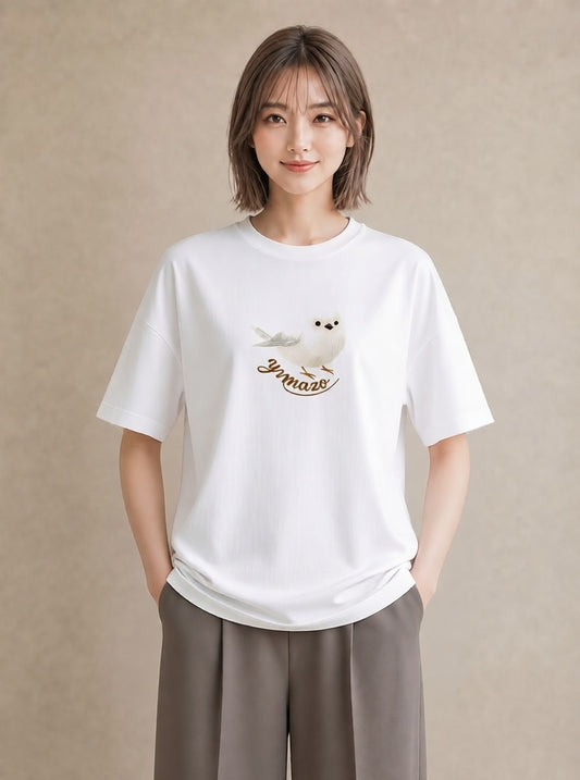 プリントTシャツ レディース シロフクロウ 動物 アニマル イラスト 韓国風 ホワイトデー 春服 白T