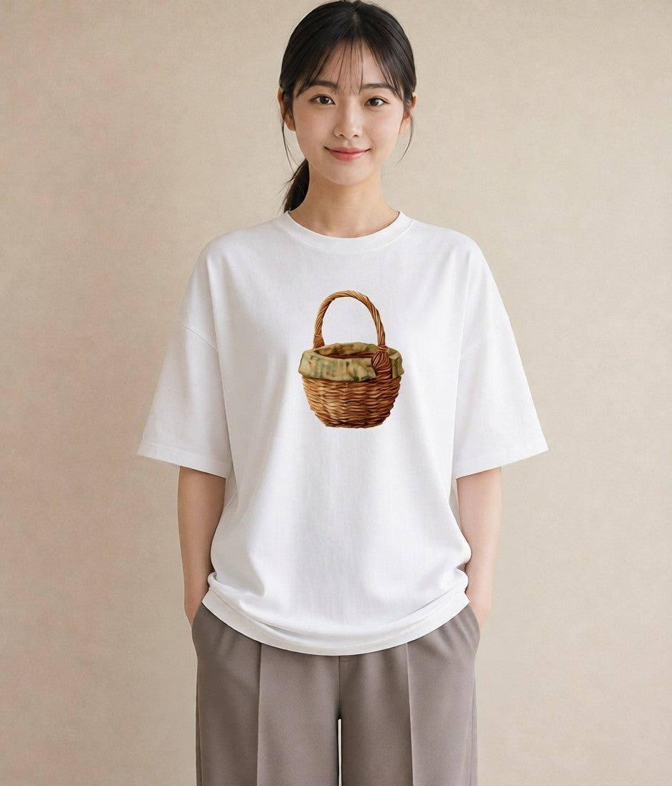 半袖Tシャツ レディース 自転車のかご 自転車 花かご ナチュラル アンティーク イラスト ゆるコーデ カフェ巡り 女子会 白T