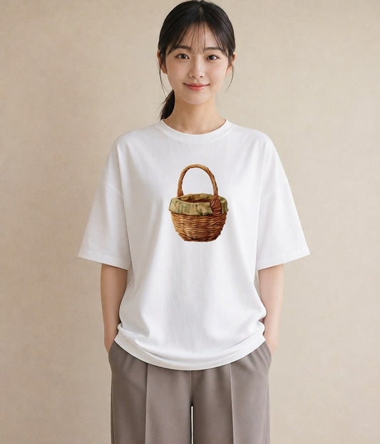半袖Tシャツ レディース 自転車のかご 自転車 花かご ナチュラル アンティーク イラスト ゆるコーデ カフェ巡り 女子会 白T