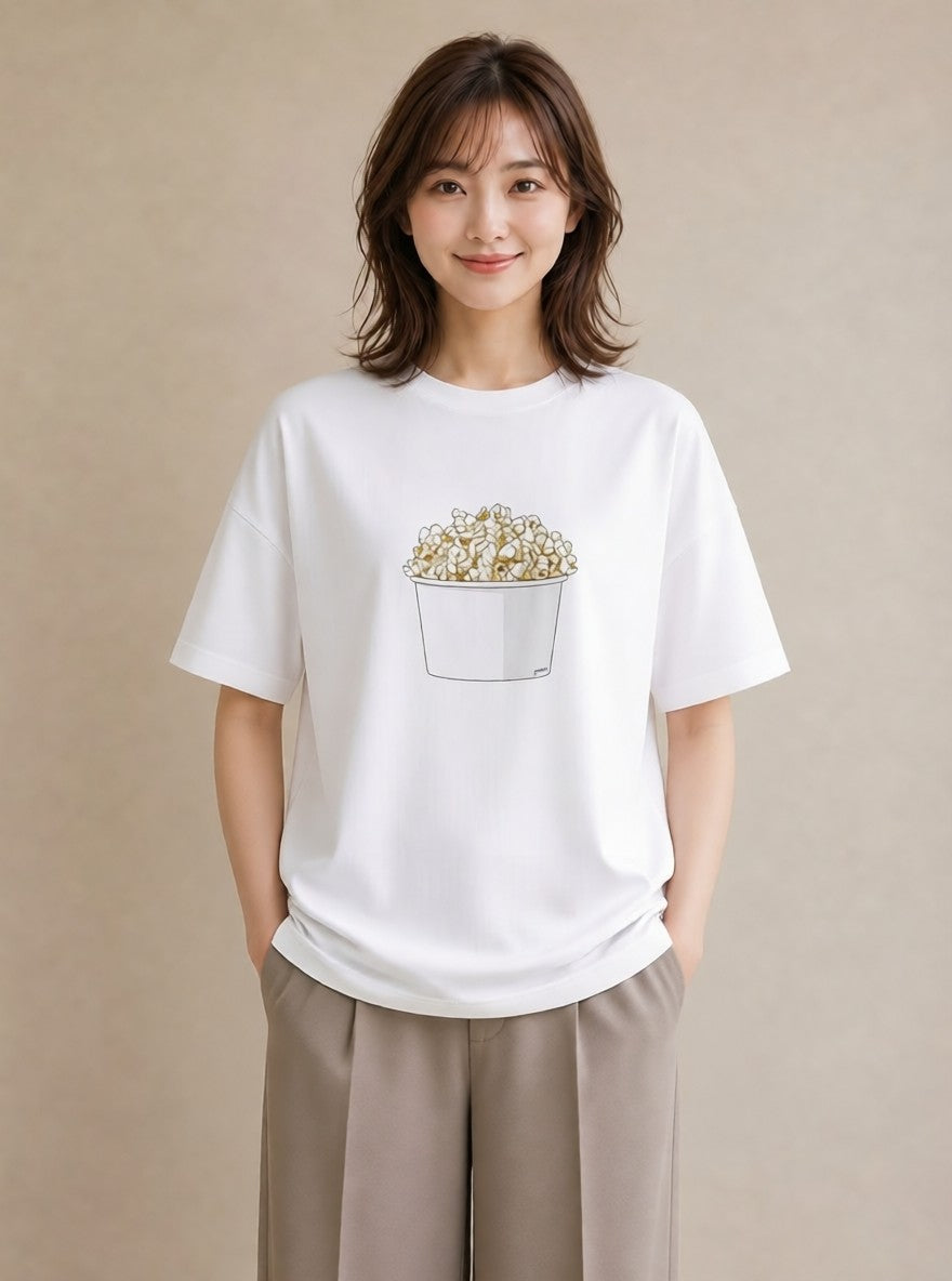 グラフィックTシャツ レディース ポップコーン 食べ物 フード イラスト フェミニン 送別ギフト 通勤 白T