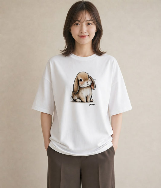 半袖Tシャツ レディース ロップイヤー ペット 動物 イラスト カフェコーデ 社会人 女性 白T