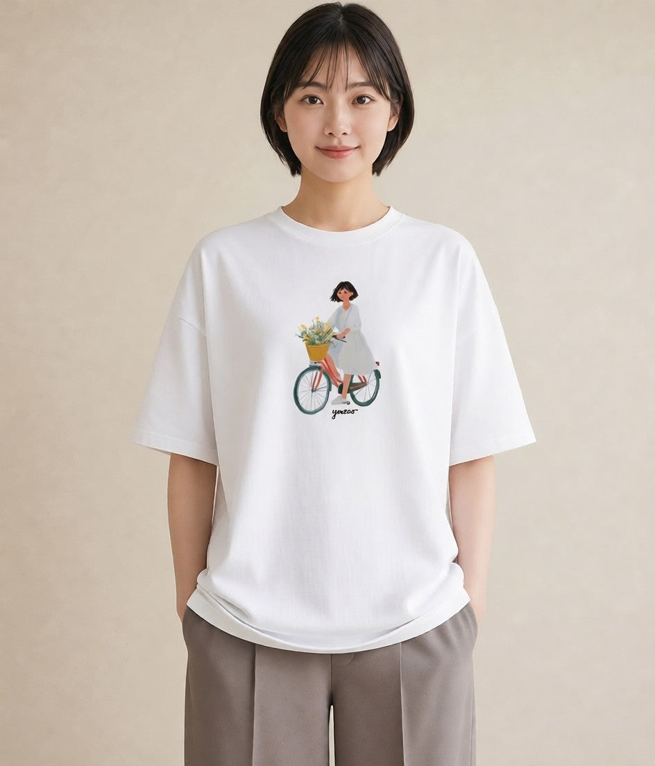 プリントTシャツ レディース 自転車のかご 自転車 花かご ナチュラル アンティーク イラスト きれいめカジュアル 姉妹 送別ギフト 白T