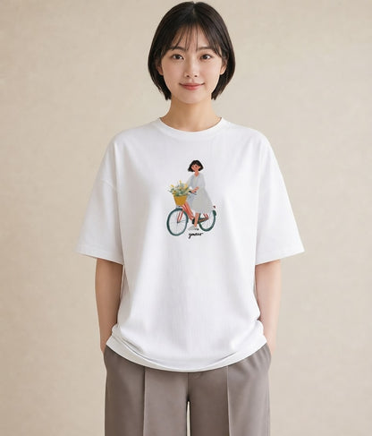 プリントTシャツ レディース 自転車のかご 自転車 花かご ナチュラル アンティーク イラスト きれいめカジュアル 姉妹 送別ギフト 白T