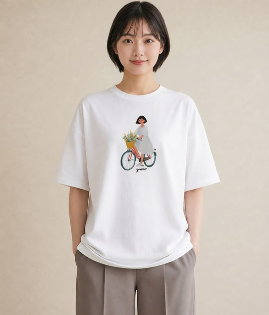 プリントTシャツ レディース 自転車のかご 自転車 花かご ナチュラル アンティーク イラスト きれいめカジュアル 姉妹 送別ギフト 白T