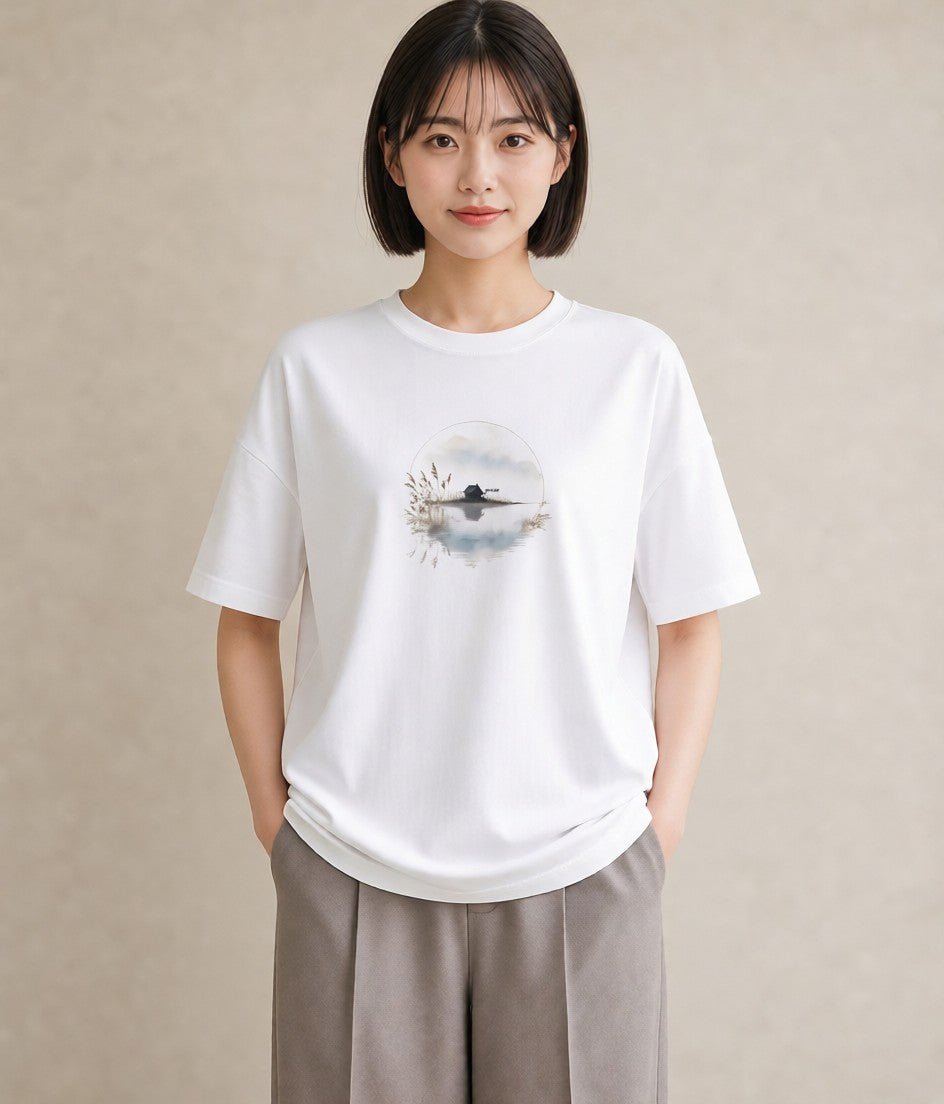 半袖Tシャツ レディース 青の水彩 風景 ブルー ナチュラル アンティーク イラスト ポップ クリスマス 旅行 白T