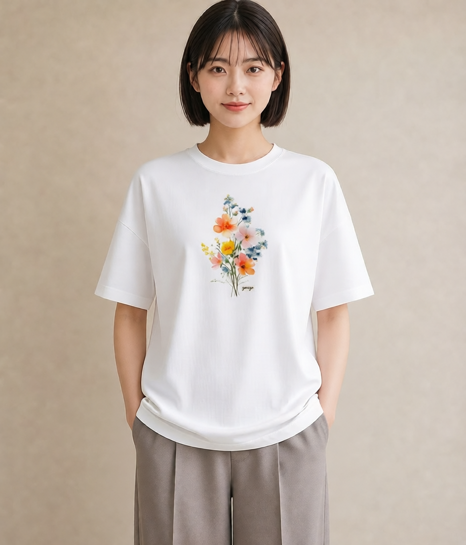 デザインTシャツ レディース コスモス 秋桜 花 花柄 イラスト ナチュラル 旅行 母娘コーデ 白T