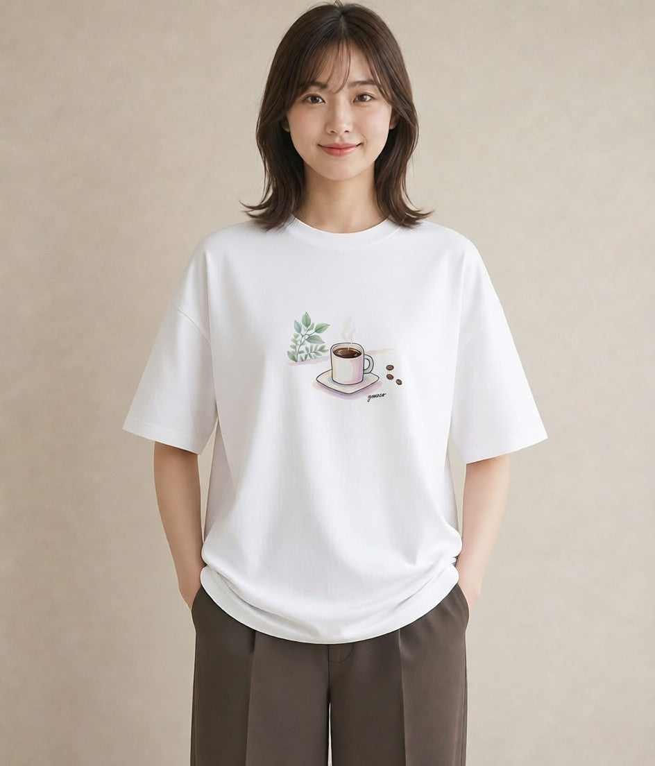 Tシャツ レディース コーヒー カフェ 珈琲 イラスト ユニーク ペアコーデ 秋コーデ 白T