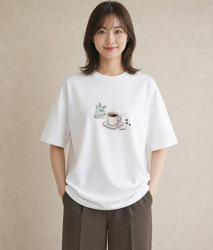 Tシャツ レディース コーヒー カフェ 珈琲 イラスト ユニーク ペアコーデ 秋コーデ 白T