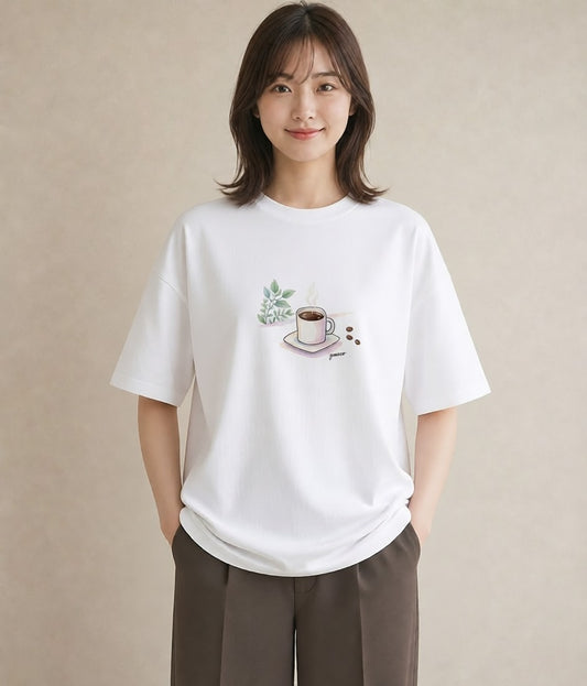 Tシャツ レディース コーヒー カフェ 珈琲 イラスト ユニーク ペアコーデ 秋コーデ 白T