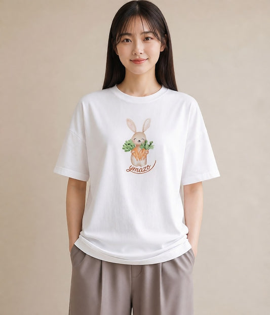 Tシャツ レディース ウサギ系野生 動物 アニマル イラスト 在宅 公園 白T