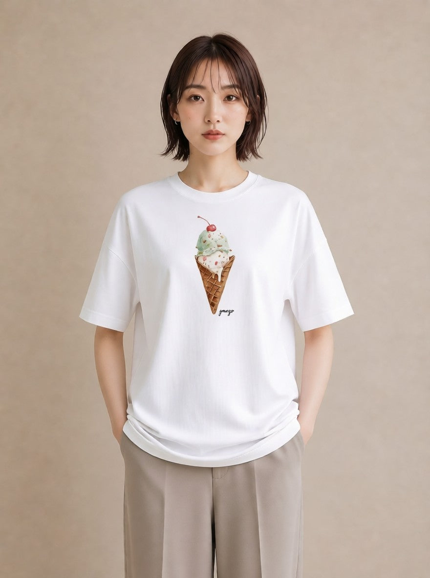 グラフィックTシャツ レディース パフェ 食べ物 フード イラスト 淡色 カフェ巡り 女子会 白T