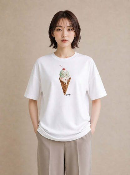 グラフィックTシャツ レディース パフェ 食べ物 フード イラスト 淡色 カフェ巡り 女子会 白T