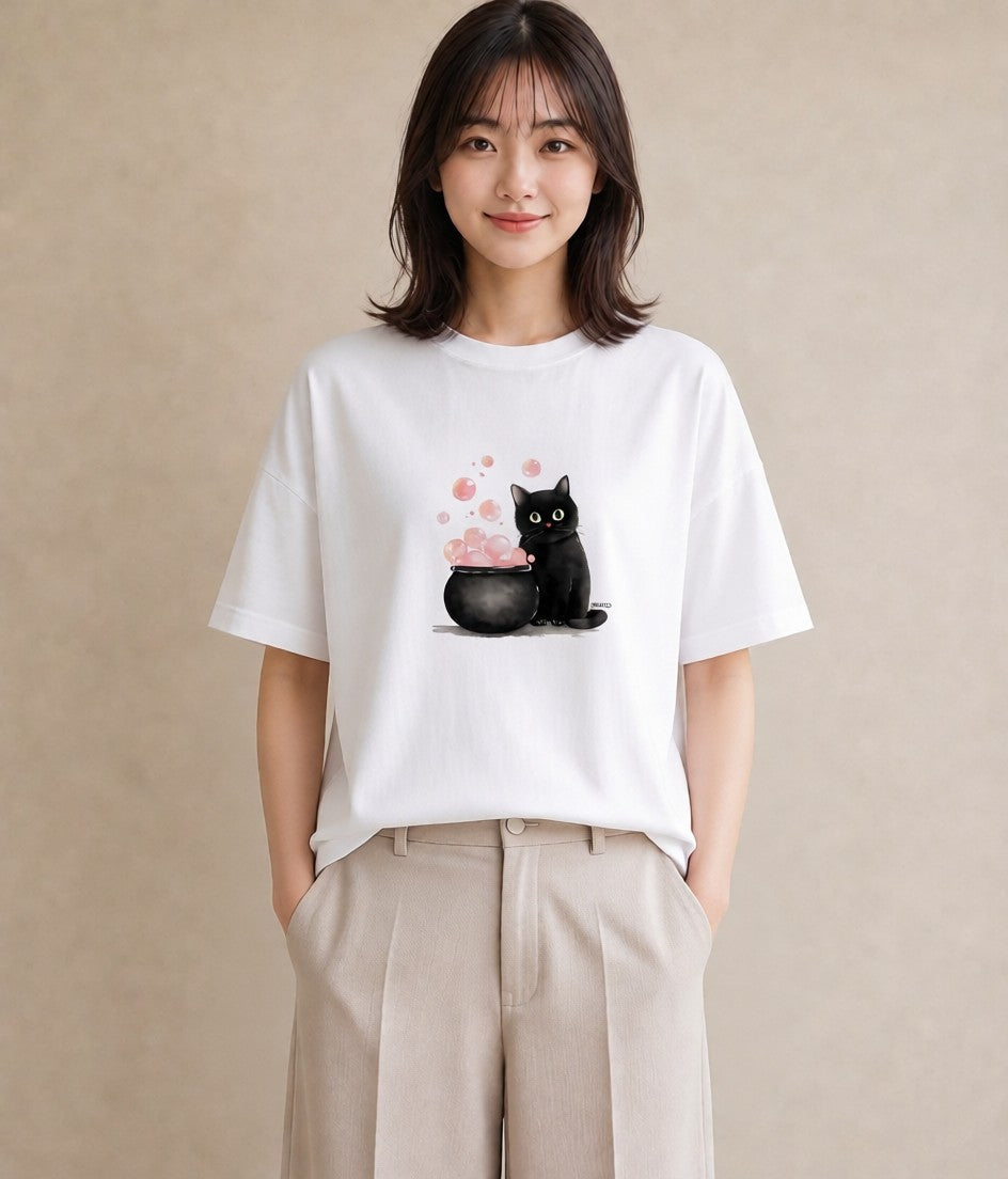 半袖Tシャツ レディース 黒猫 猫 ねこ イラスト ボタニカル 社会人 女性 白T