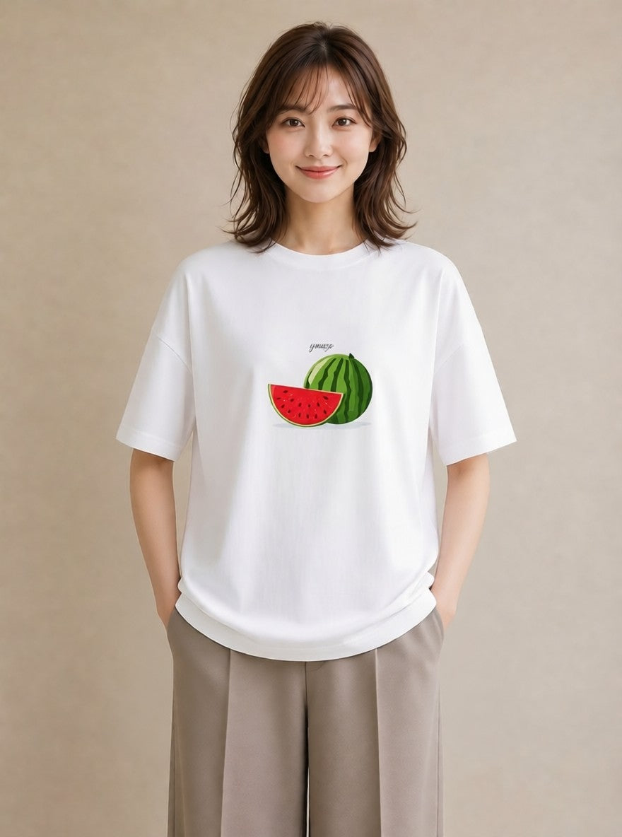 プリントTシャツ レディース すいか 食べ物 フード イラスト ラフカジュアル 在宅 公園 白T
