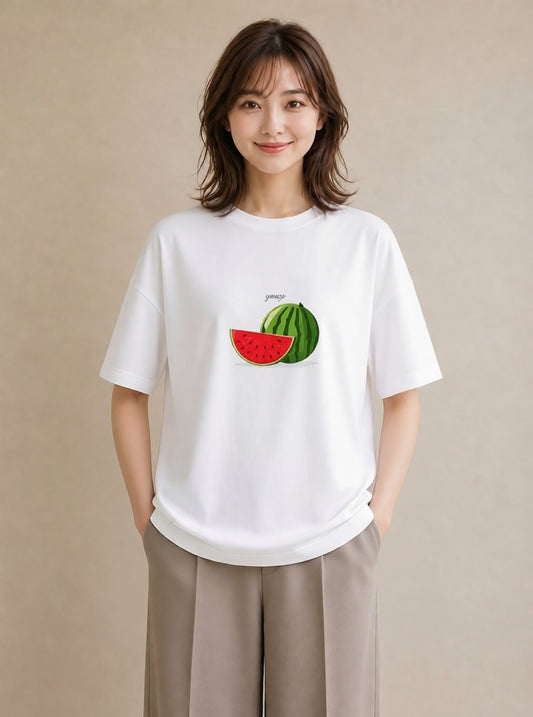 プリントTシャツ レディース すいか 食べ物 フード イラスト ラフカジュアル 在宅 公園 白T