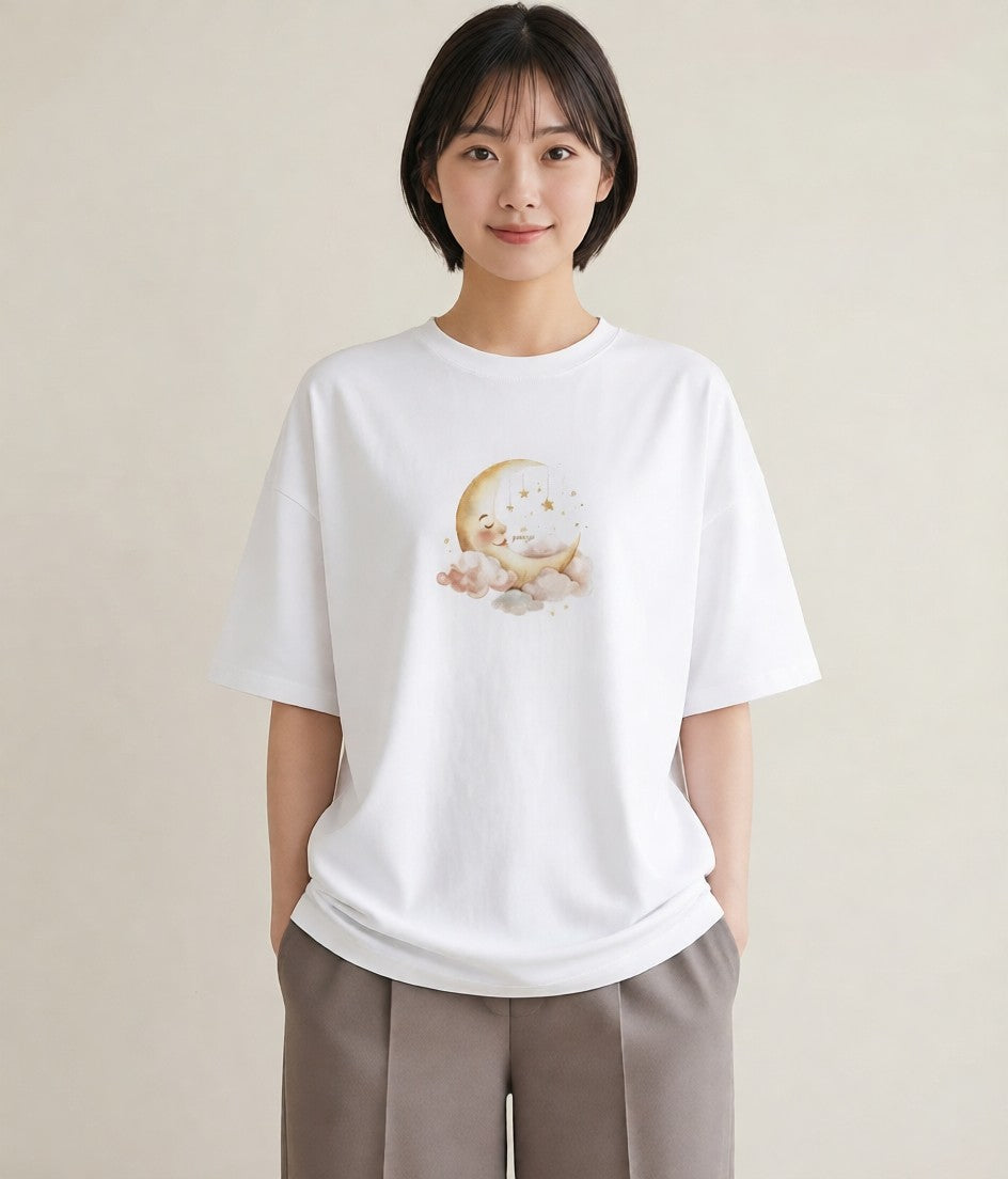プリントTシャツ レディース 月 星空 宇宙 イラスト きれいめ 社会人 女性 白T