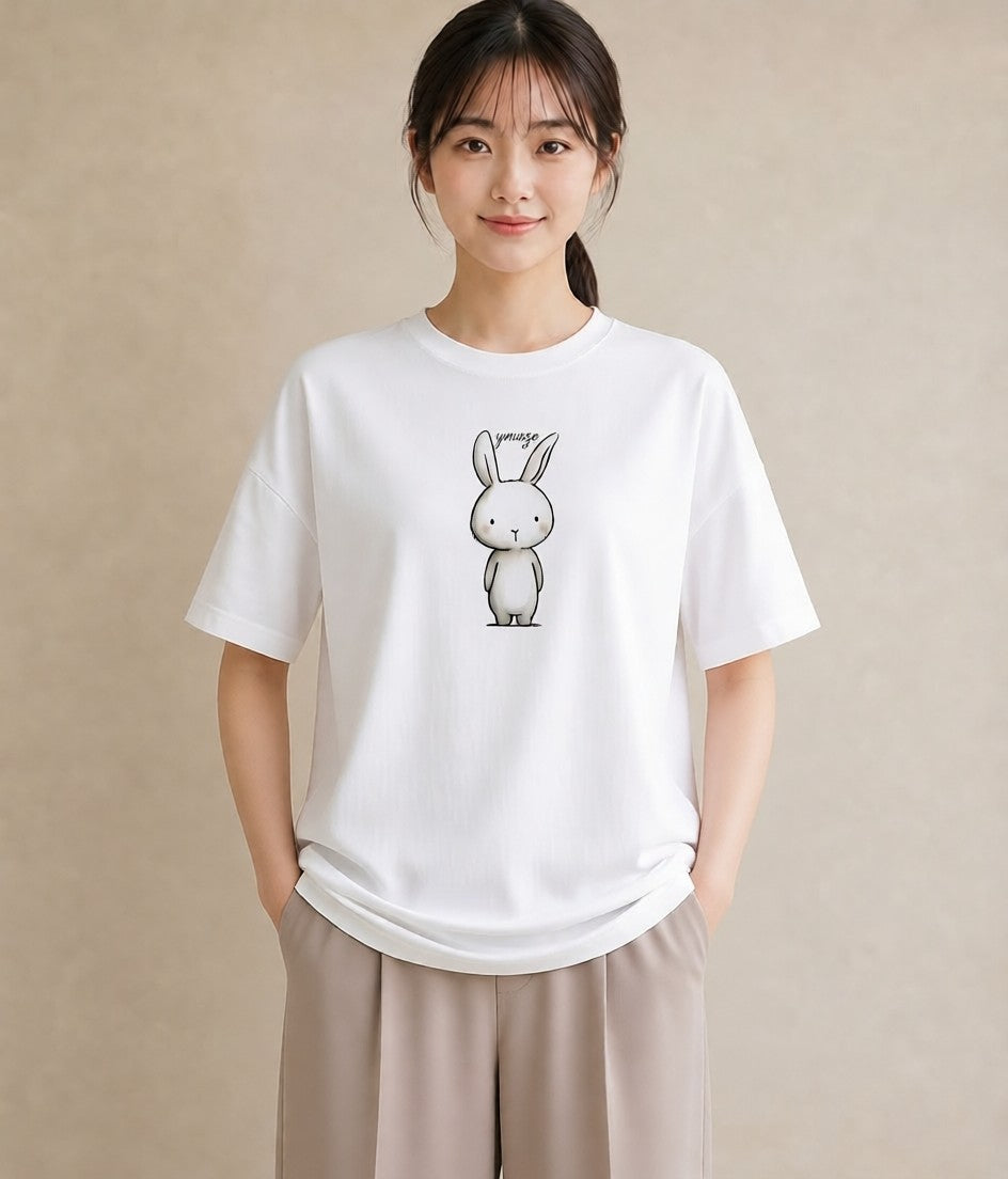 半袖Tシャツ レディース ミニうさぎ ペット 動物 イラスト ガーリー レイヤード 友達ギフト 白T