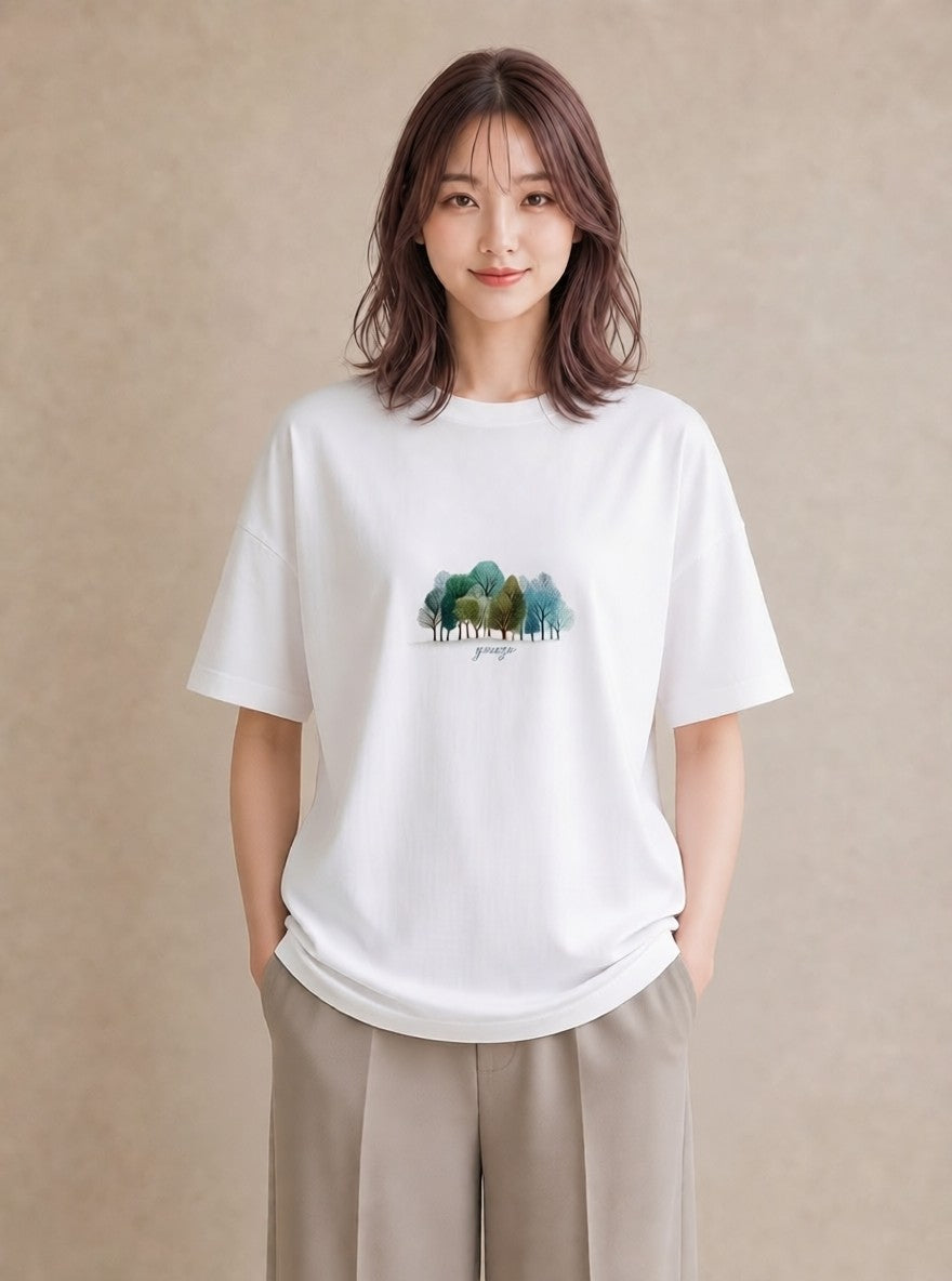 プリントTシャツ レディース 森 植物 ボタニカル イラスト ラフ 綿100 デート 白T