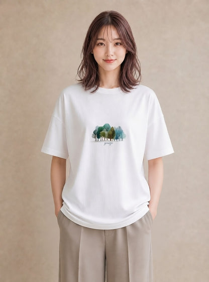 プリントTシャツ レディース 森 植物 ボタニカル イラスト ラフ 綿100 デート 白T