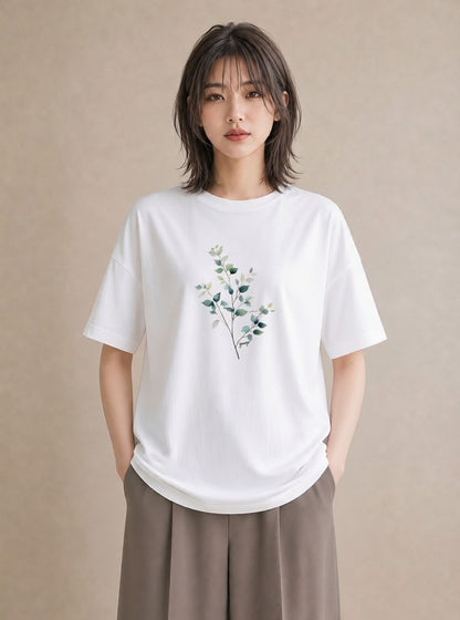 Tシャツ レディース 新緑 植物 ボタニカル イラスト ゆるコーデ カフェ巡り 女子会 白T