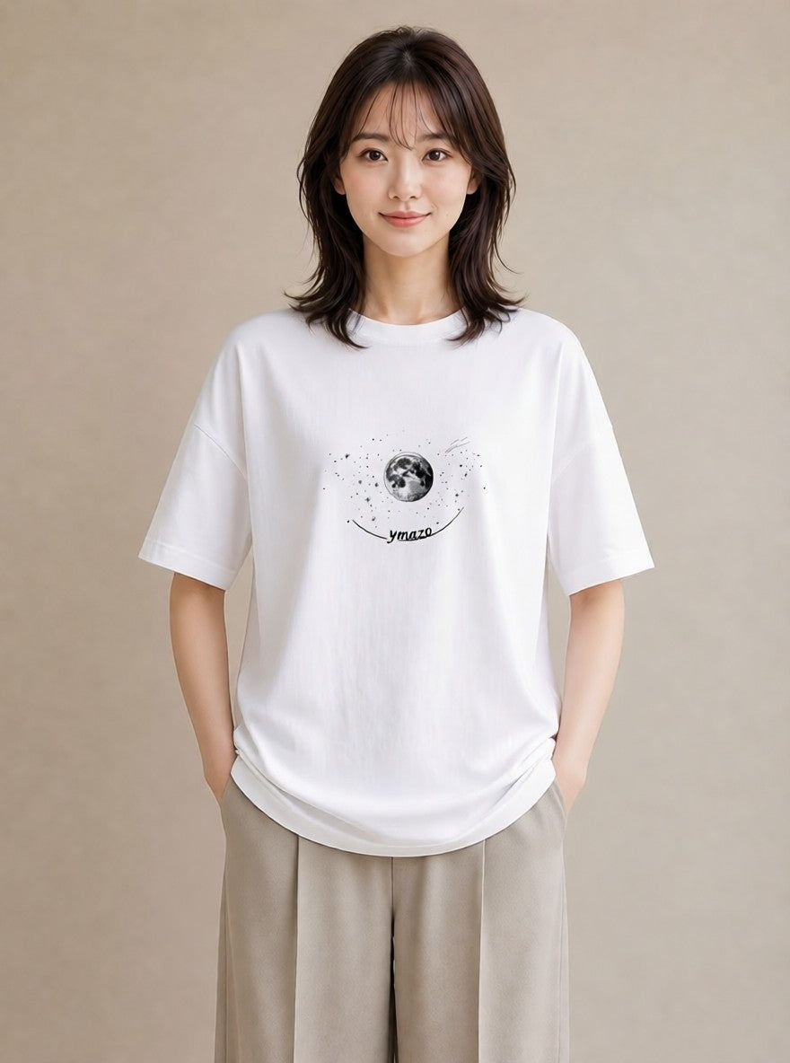半袖Tシャツ レディース 月と星 星空 ムーン イラスト ゆるコーデ 散歩 お出かけ 白T