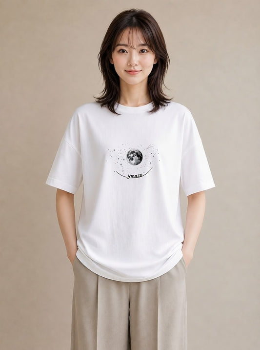 半袖Tシャツ レディース 月と星 星空 ムーン イラスト ゆるコーデ 散歩 お出かけ 白T