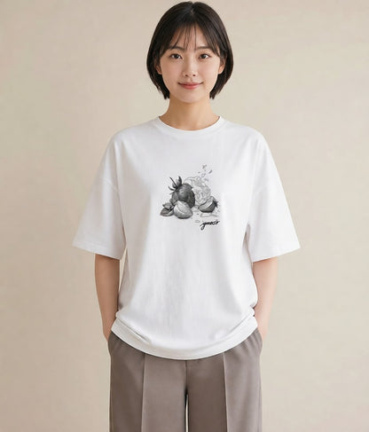 デザインTシャツ レディース いちご 苺 ストロベリー 食べ物 フード イラスト 線画 女子会 お揃い 白T