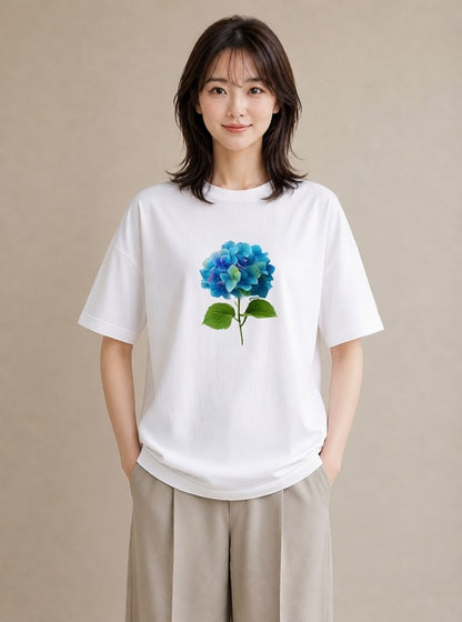 半袖Tシャツ レディース あじさい 紫陽花 アジサイ 花 花柄 イラスト 可愛い 自分用 ルームウェア 白T
