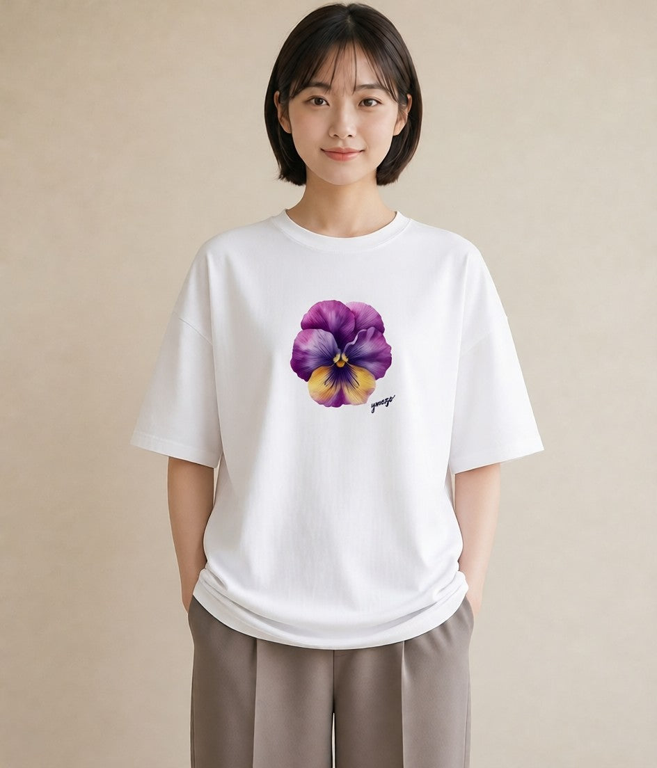 Tシャツ レディース スミレ 花 花柄 イラスト ヴィンテージ風 海 カフェ巡り 白T