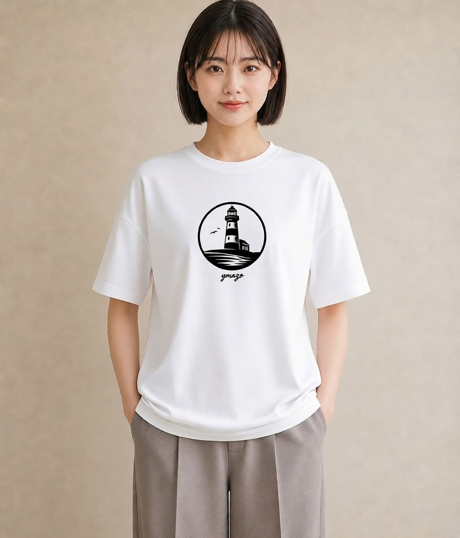 半袖Tシャツ レディース 灯台 霧 海 ナチュラル アンティーク イラスト 可愛い デート 帰省 白T