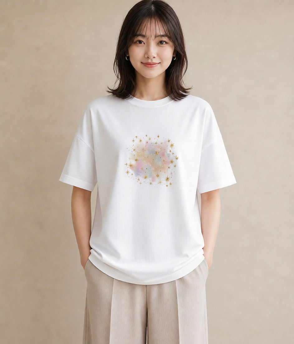 デザインTシャツ レディース 獅子座 星空 宇宙 イラスト アート風 買い物 夏コーデ 白T