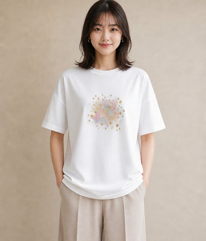 デザインTシャツ レディース 獅子座 星空 宇宙 イラスト アート風 買い物 夏コーデ 白T