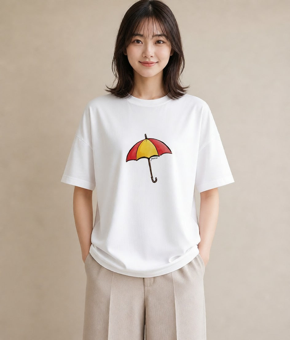 半袖Tシャツ レディース 傘 水たまり 雨 ナチュラル アンティーク イラスト こなれ感 部屋着 女性向けギフト 白T