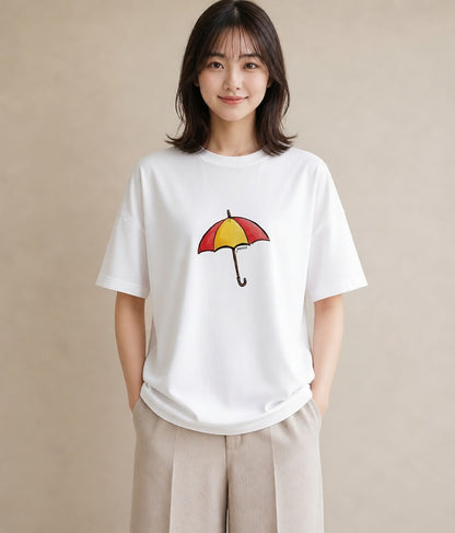 半袖Tシャツ レディース 傘 水たまり 雨 ナチュラル アンティーク イラスト こなれ感 部屋着 女性向けギフト 白T
