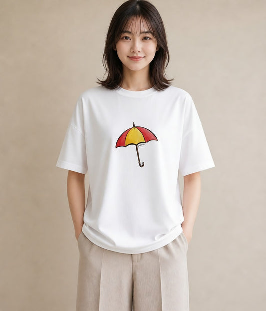 半袖Tシャツ レディース 傘 水たまり 雨 ナチュラル アンティーク イラスト こなれ感 部屋着 女性向けギフト 白T