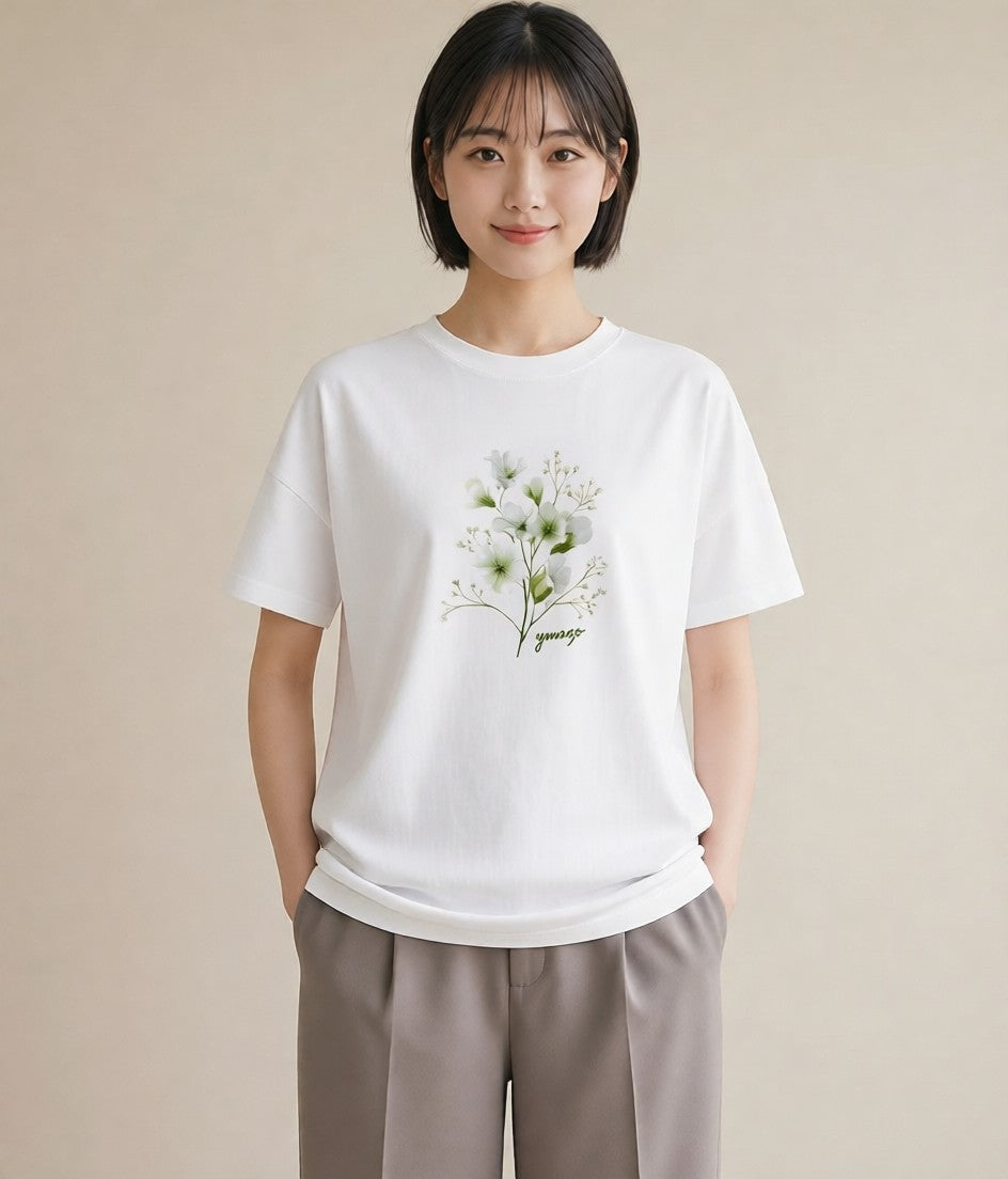 グラフィックTシャツ レディース カスミソウ かすみ草 花 花柄 イラスト 手描き風 お出かけ 普段着 白T
