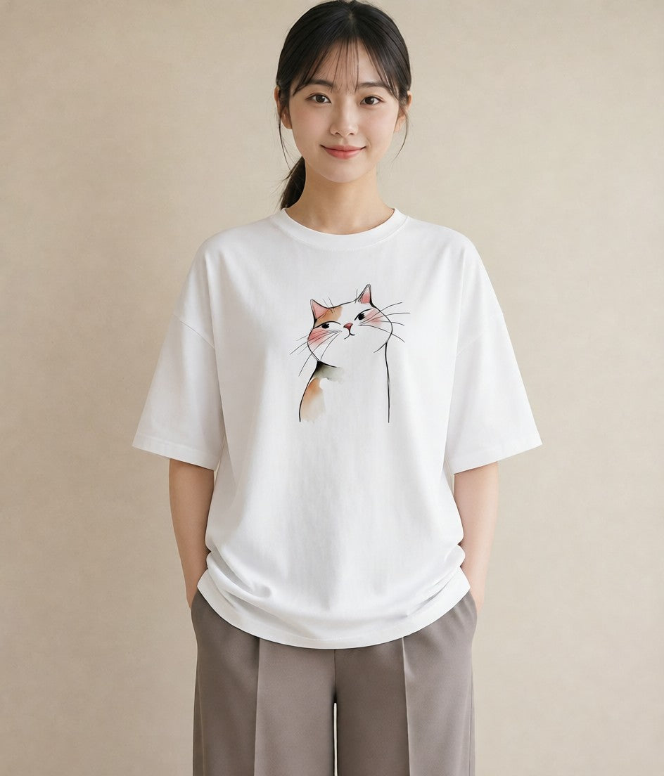 デザインTシャツ レディース エキゾチックショートヘア 猫 ねこ イラスト ルームウェア ギフト 白T