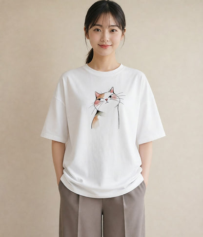 デザインTシャツ レディース エキゾチックショートヘア 猫 ねこ イラスト ルームウェア ギフト 白T
