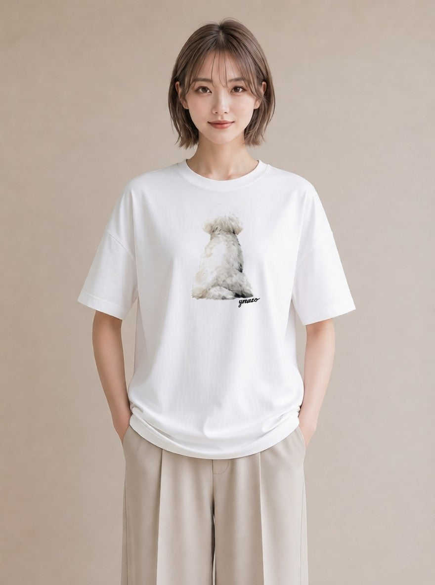 Tシャツ レディース ビションフリーゼ 犬 いぬ イラスト 上品 ラフ レイヤード 白T