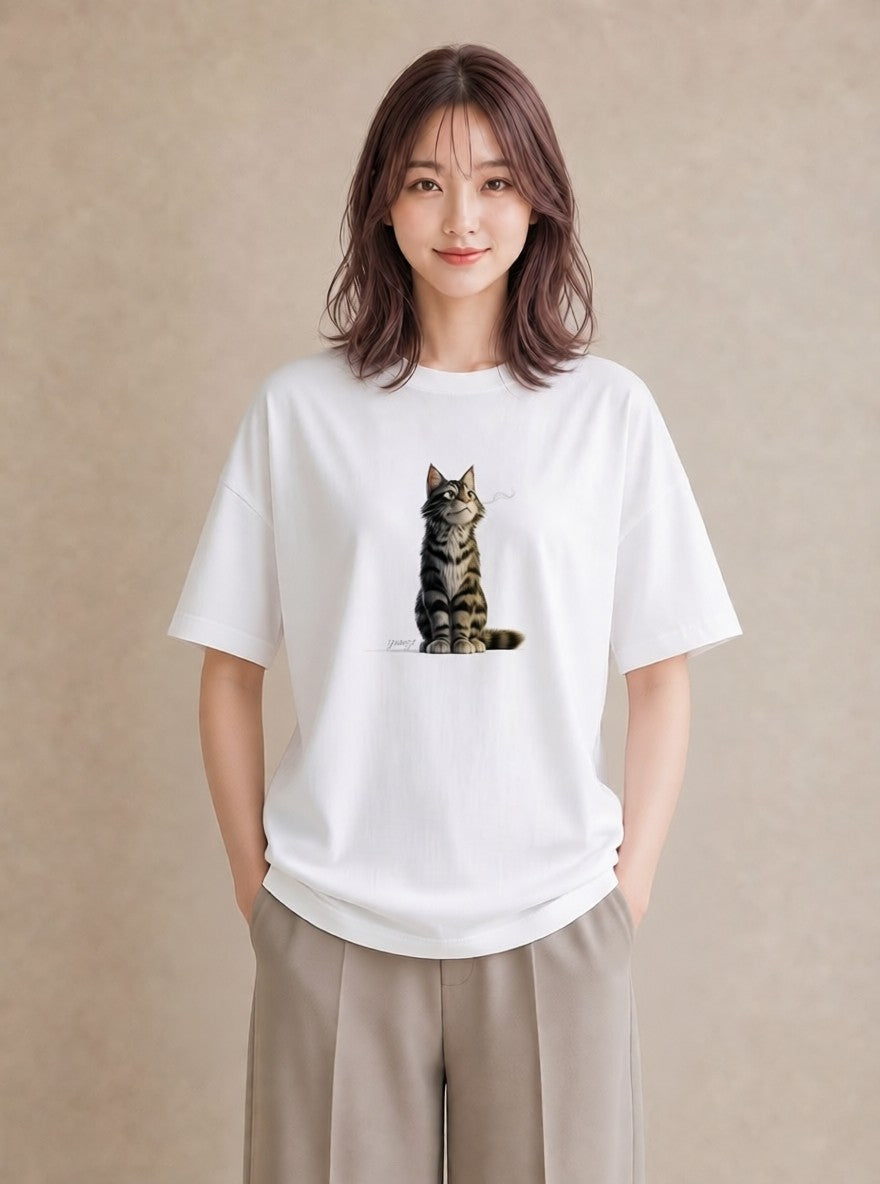 Tシャツ レディース サバトラ 猫 ねこ イラスト ラフ レイヤード 白T