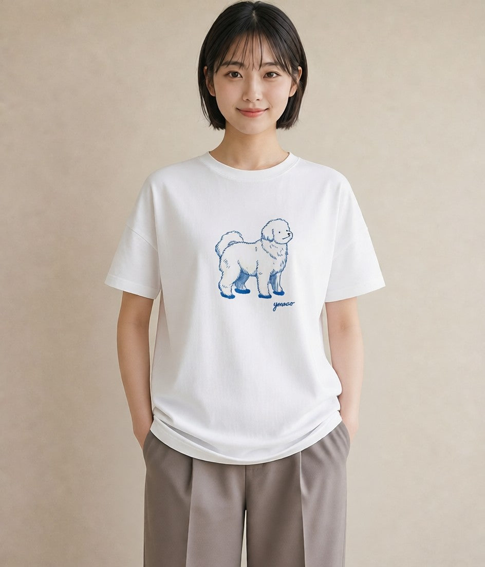 半袖Tシャツ レディース ビションフリーゼ 犬 いぬ イラスト 北欧風 海 カフェ巡り 白T