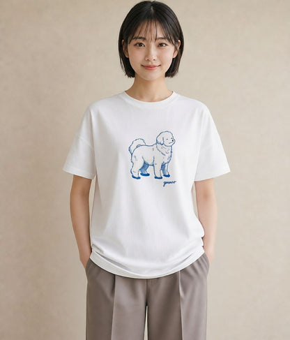 半袖Tシャツ レディース ビションフリーゼ 犬 いぬ イラスト 北欧風 海 カフェ巡り 白T